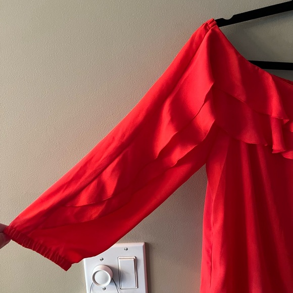 *HOST PICK* NWT INC. International Concepts Bright Coral Red Ruffle Top - Picture 7 of 12